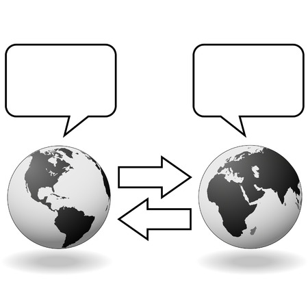 East meets West and hemispheres talk in speech bubbles to communicate in translation.のイラスト素材