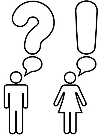 A symbol man and woman couple ask a question with a question mark and answer an exclamation mark in copyspace speech bubbles.のイラスト素材