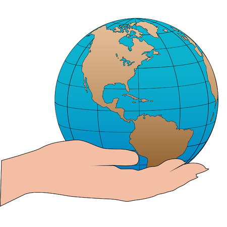A cartoon persons hand holds the earth as a globe showing the western hemisphere.のイラスト素材