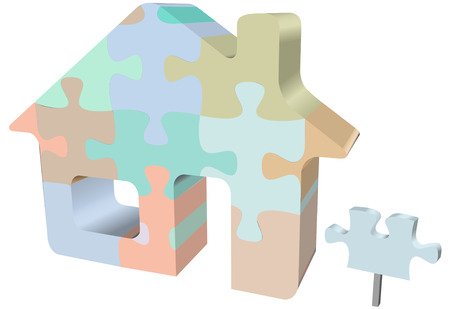 A colorful house jigsaw puzzle as a symbol of homes, real estate, construction problems and solutions.のイラスト素材