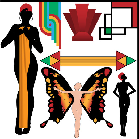 Set of 4 Art Deco People Poses and four vintage retro Abstract Design Elements.のイラスト素材