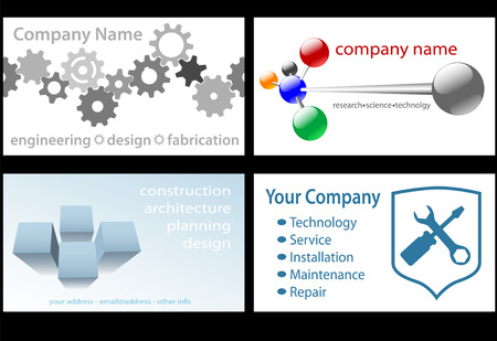 Four technology business designs in standard business card format for design, engineering, research tech companies, ready to print on white.のイラスト素材