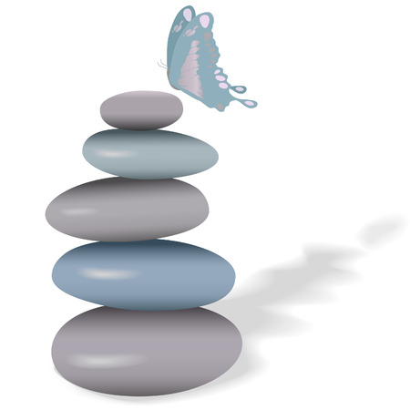 A butterfly on a stack of calm smooth stones for spa and yoga designs.のイラスト素材