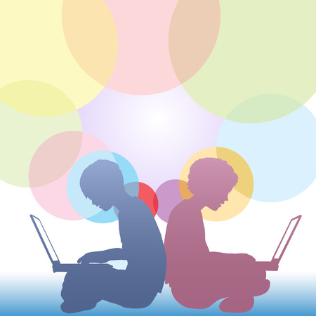 Boy and girl kids sitting on the ground using laptop computers against a background of colorful circles copyspace.のイラスト素材