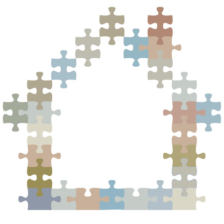 A colorful home as construction of jigsaw puzzle pieces in the shape of a house.のイラスト素材