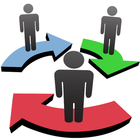 A group of 3 people associate and communicate in business team workflow or social media network arrows.のイラスト素材