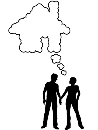 A couple hold hands and talk about their dream home in a house shaped speech bubble.のイラスト素材