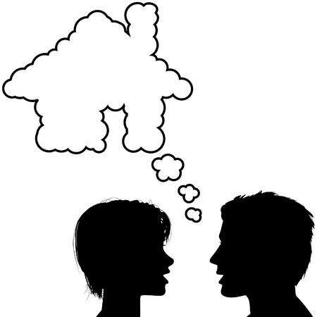 A silhouette couple hold talk about their dream home in a house shaped speech bubble.のイラスト素材