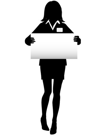 A Business Woman Silhouette holds a copy space Sign and wears a name tag.のイラスト素材