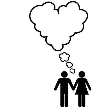 A Couple hold hands and share thoughts of Love and Romance in a Heart shape speech bubble.のイラスト素材