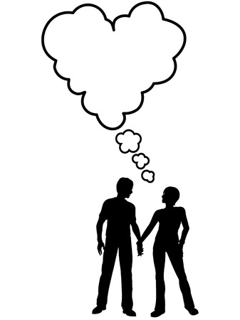 A boy girl couple talk think about love in a heart shape speech bubble.のイラスト素材