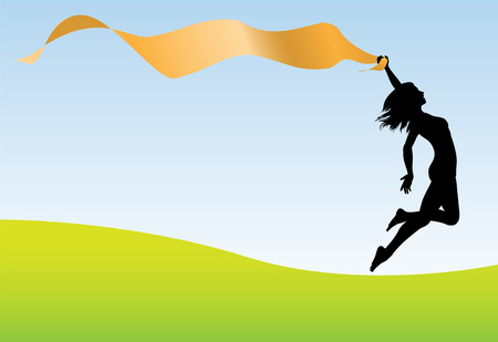 A fit healthy woman holding a ribbon banner runs and leaps for joy and celebration.のイラスト素材
