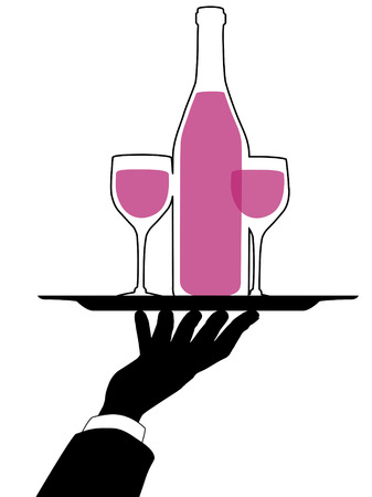 Waiter silhouette arm and hand hold a serving tray and red wine bottle and glasses.のイラスト素材