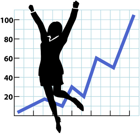 A business woman silhouette jumps and raises her fists in celebration of success on a chart of growth or profit.のイラスト素材