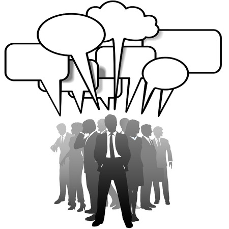A networked team of business people silhouettes talk in communication speech bubbles.のイラスト素材