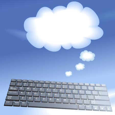 Cloud computing speech bubble clouds rise into a blue sky from a laptop computer keyboard.のイラスト素材