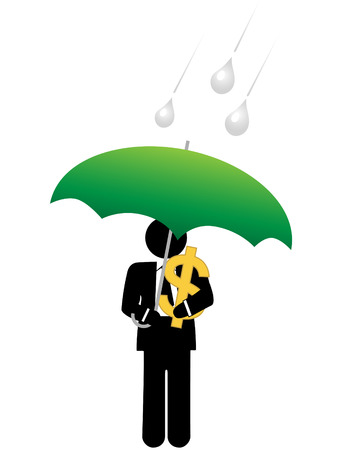 An investor or business man keeps his dollar investment safe from risk under an umbrella.のイラスト素材