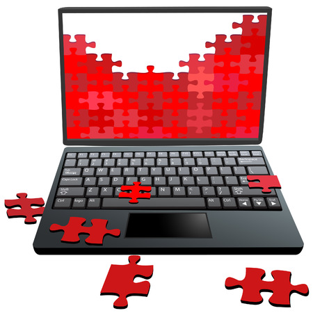 Jigsaw Puzzle pieces in the monitor of a laptop computer as a symbol of security problems repair etc.のイラスト素材