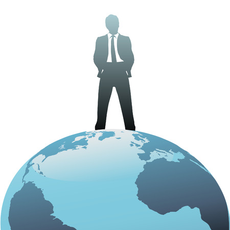 A successful global business man stands on top of the world.のイラスト素材