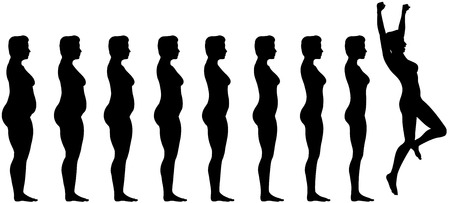 Woman silhouettes are symbol of Fat to Fit Diet Weight Loss Success.のイラスト素材