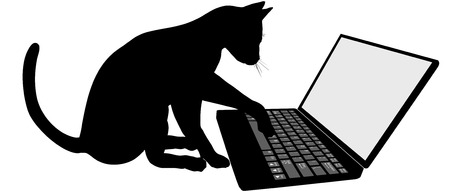 Kitty cat on the keyboard of laptop computer logs onto Internet website.のイラスト素材