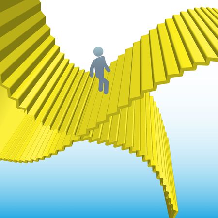 A symbol person climbs up the golden stairs of success in the sky.の写真素材