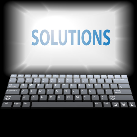 SOLUTIONS text in bright laptop computer monitor copy space above a keyboard.のイラスト素材