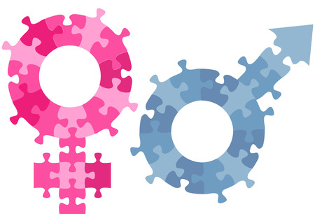A couple of Male Female gender sex symbols as red and blue jigsaw puzzle pieces.のイラスト素材