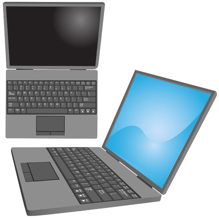 Top and side views of a laptop computer with key labels on keyboard and copy space on screen.のイラスト素材