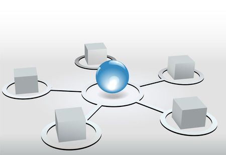 Abstract cubes as network nodes connected to a floating shiny blue sphere.のイラスト素材