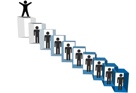 A person on top of a hierarchy of cubicle people celebrates success promotion freedom or retirement.のイラスト素材