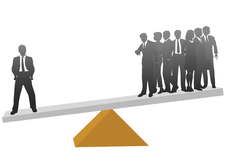One business man on a scale is worth his weight compared to a group of many workers.のイラスト素材