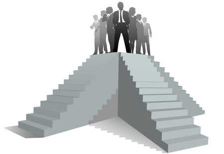 Many paths to success as a business team leader stands atop stairs.のイラスト素材