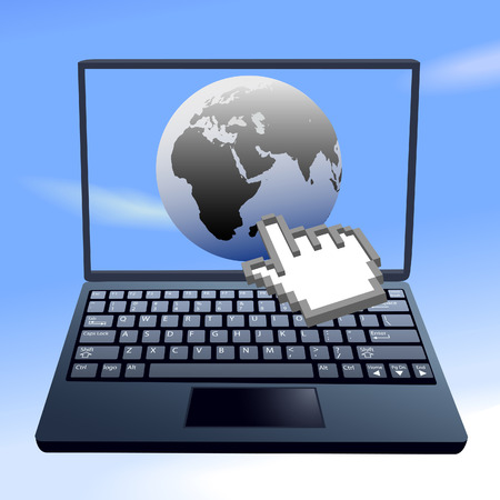 Hand cursor clicks on the internet world on a laptop computer in the sky.のイラスト素材
