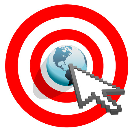Internet cursor arrow clicks on search engine marketing SEM world in target bulls eye.のイラスト素材