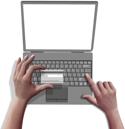 Person hands hold a credit card to shop online with a laptop computer 3D render.の写真素材