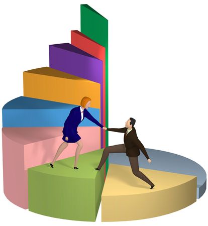 A business woman gives a helping hand to a businessman up chart steps to success.の写真素材