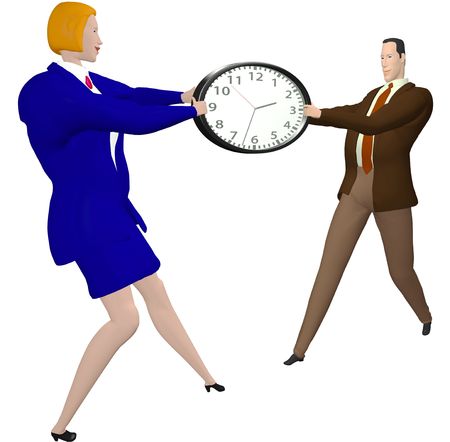 Business woman and businessman Stretch time clock or fight over time.の写真素材
