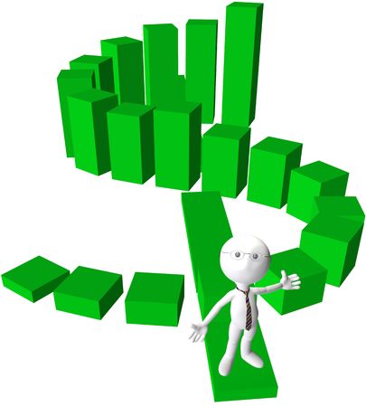 A money man stands on a dollar bar chart to discuss investing.の写真素材