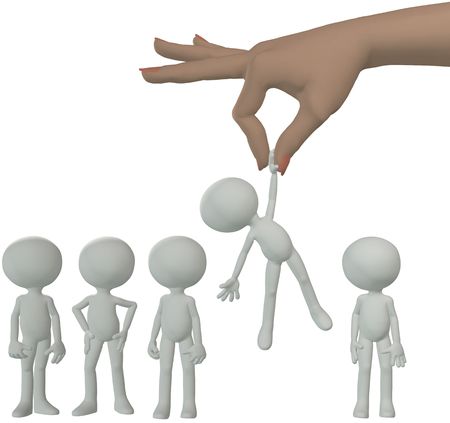 A female hand to find and choose a 3D person to dangle above a line of cartoon people.の写真素材