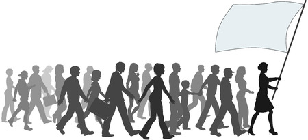A crowd of people follow a leader carrying sign banner copyspace.のイラスト素材