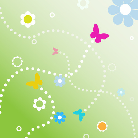 Butterflies fly dotted line paths on spring flowers in abstract background.のイラスト素材