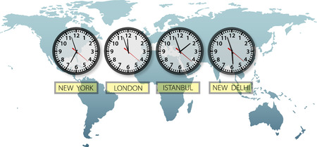 Travel Earth city time clocks on world map with space to crop and for copy.のイラスト素材