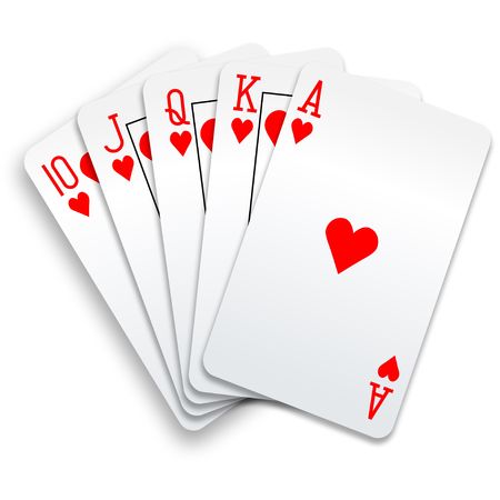 A royal straight flush playing cards poker hand in hearts.の写真素材