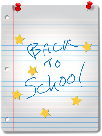 BACK TO SCHOOL stars on ruled notebook paper, red tacks and A+ grade for education supplies.のイラスト素材