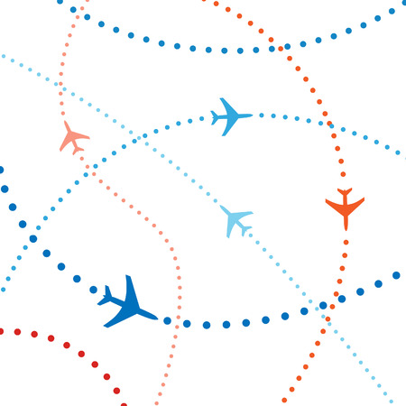 Air travel. Dotted lines are flight paths of commercial airline passenger jets flying in air traffic.のイラスト素材