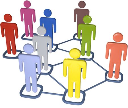 Symbol people connect in nodes of 3D social media network.