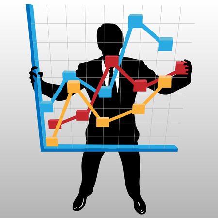 A businessman silhouette holds up a financial profit growth chart, in a view from above.のイラスト素材