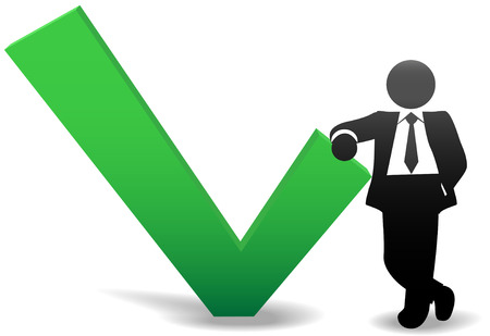 A symbol business man in a suit rests his elbow on an OK check markのイラスト素材