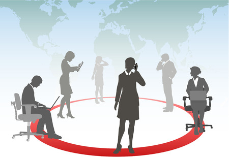 Business people connect smart phone touch computer tablet laptop in a media networkのイラスト素材